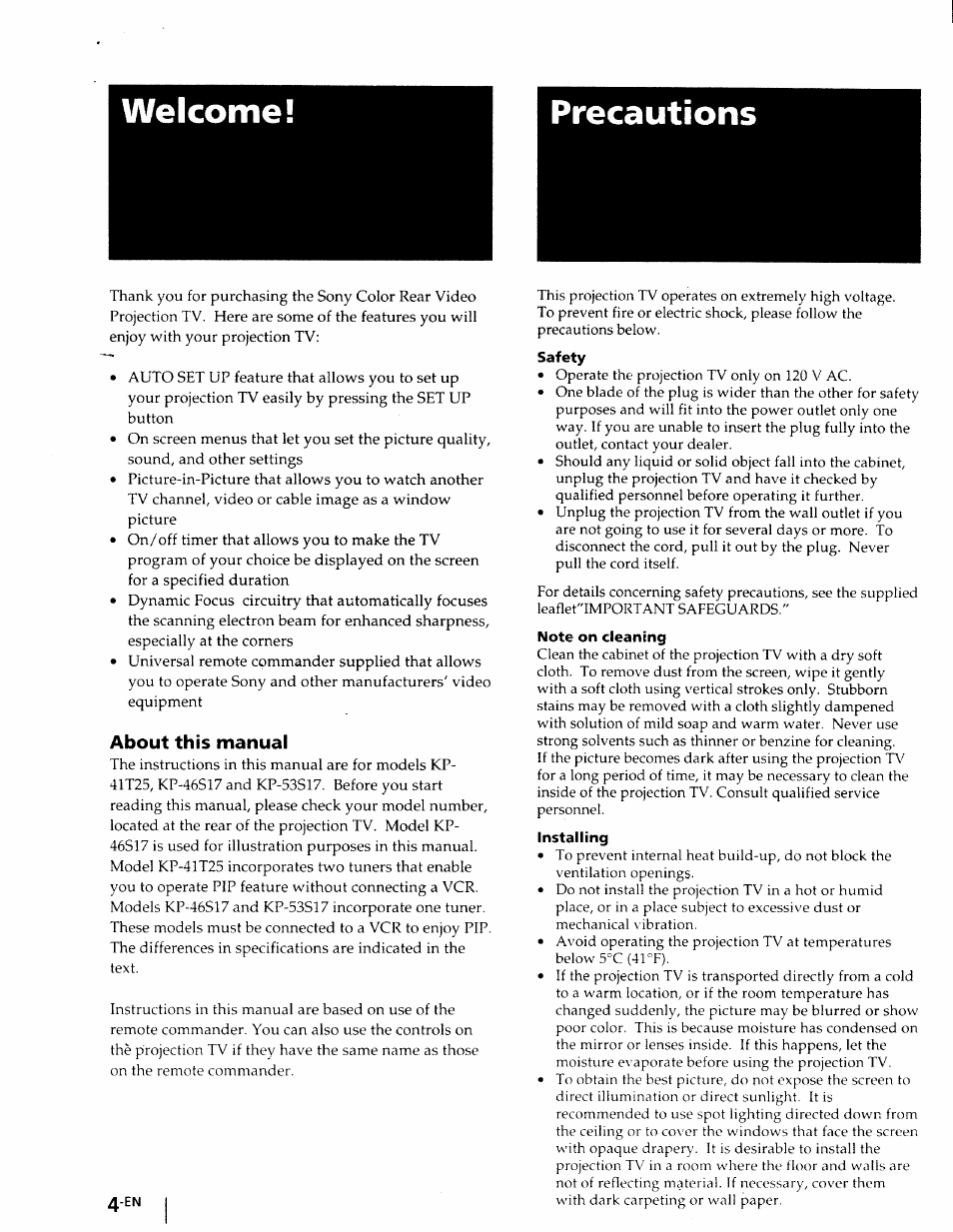 Precautions, About this manual, Safety | Note on cleaning, Installing, Welcome! precautions | Sony KP-41T25 User Manual | Page 4 / 87