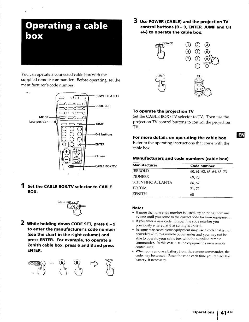 Operating a cable box, Notes | Sony KP-41T25 User Manual | Page 41 / 87