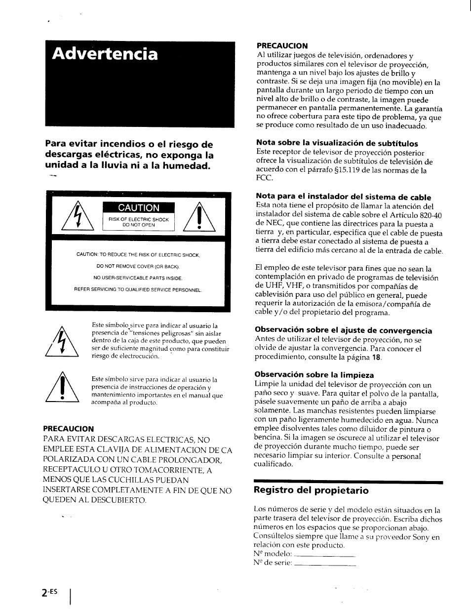Precaucion, Nota sobre ia visualización de subtítulos, Nota para el instalador del sistema de cable | Observación sobre el ajuste de convergencia, Observación sobre la limpieza, Registro del propietario, Advertencia, Caution | Sony KP-41T25 User Manual | Page 45 / 87
