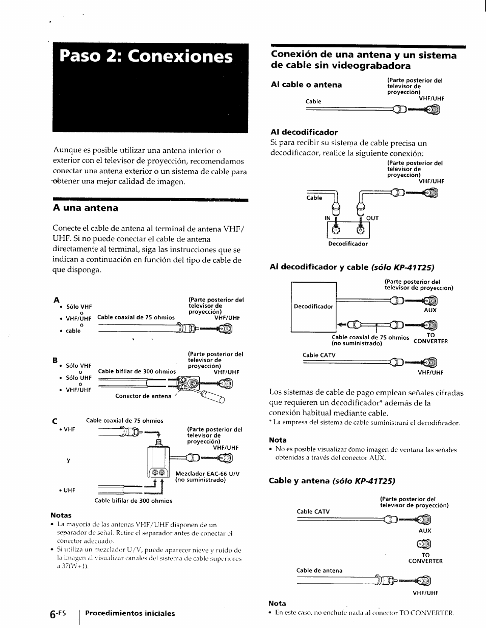 Paso 2: conexiones, Ai cable o antena, A una antena | Notas, Al decodificador, Al decodificador y cable (sólo kp-41t25), Nota, Cable y antena (sólo kp-41t25) | Sony KP-41T25 User Manual | Page 49 / 87
