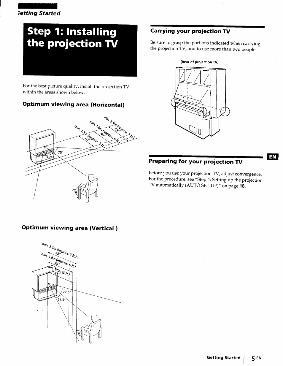 Step 1: installing the projection tv, Carrying your projection tv, Optimum viewing area (horizontal) | Preparing for your projection tv, Optimum viewing area (vertical), Jetting started | Sony KP-41T25 User Manual | Page 5 / 87