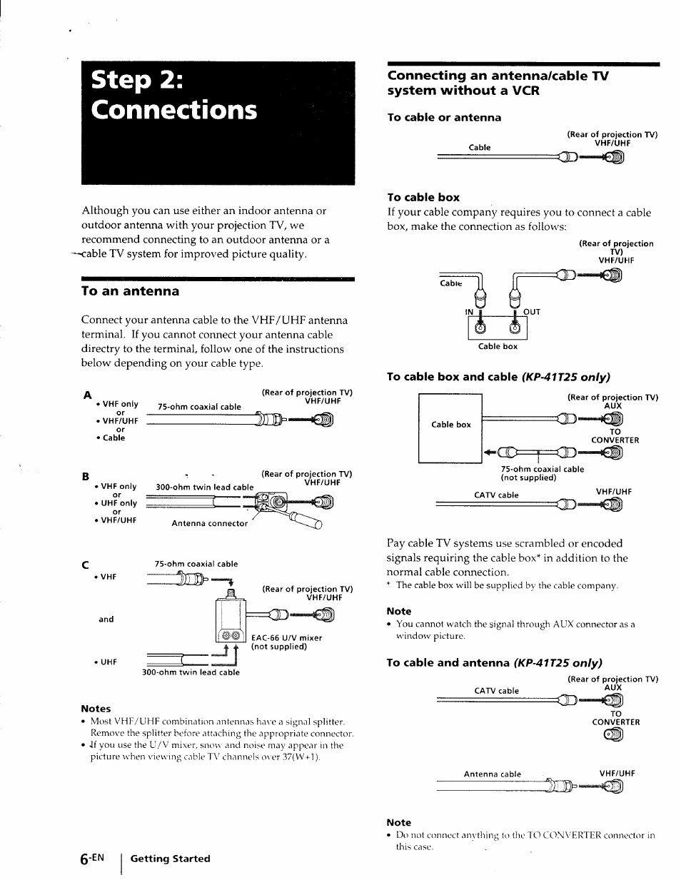 Step 2: connections, To an antenna, To cable box | To cable box and cable (kp-41t25 only), To cable and antenna (kp-41t25 only) | Sony KP-41T25 User Manual | Page 6 / 87