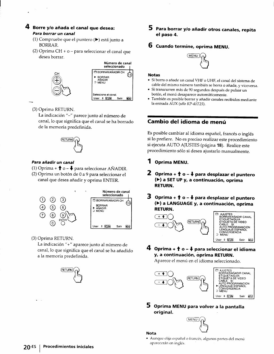 Notas, Cambio del idioma de menú, Nota | Sony KP-41T25 User Manual | Page 63 / 87