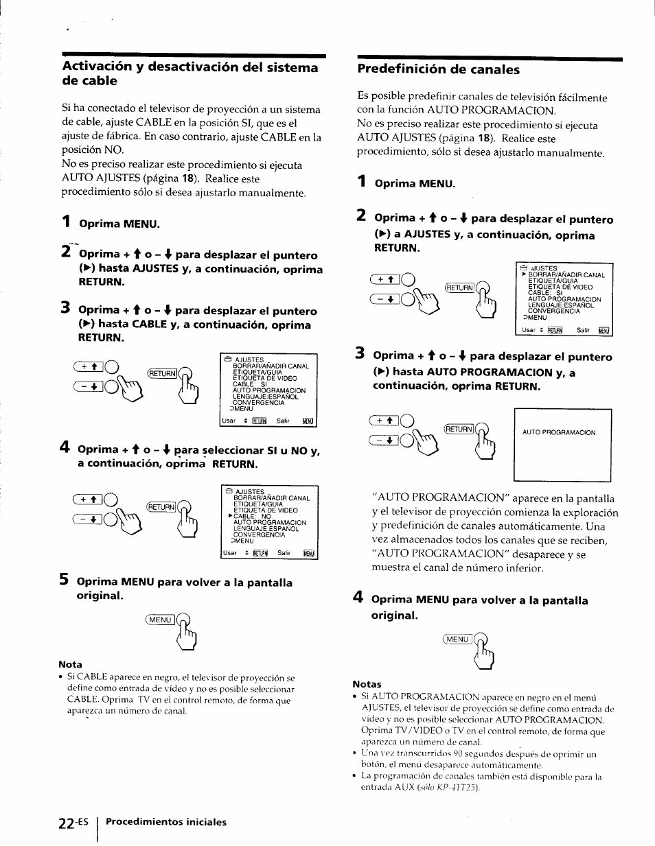 Activación y desactivación del sistema de cable, Nota, Predefinición de canales | Notas, Cizio | Sony KP-41T25 User Manual | Page 65 / 87