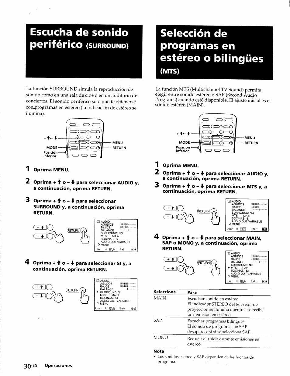 Escucha de sonido, Selección de programas en estéreo o bilingües, Escucha de sonido periférico | Surround), Mts), C±so | Sony KP-41T25 User Manual | Page 73 / 87