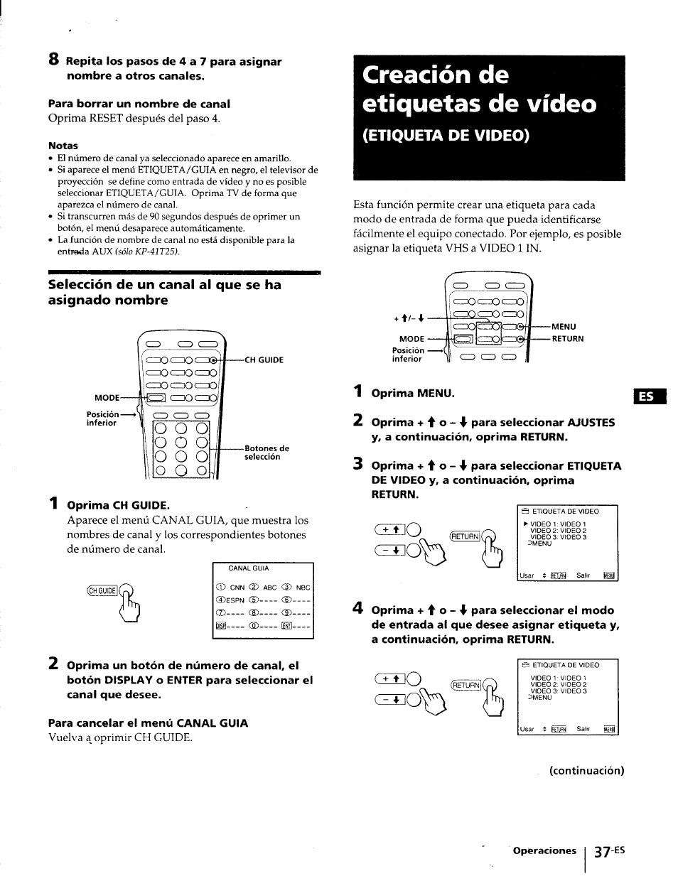 Creación de etiquetas de vídeo, Selección de un canal al que se ha asignado nombre, Etiqueta de video) | O o o | Sony KP-41T25 User Manual | Page 80 / 87