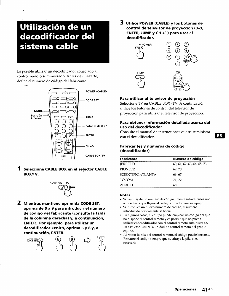 Utilización de un decodificador del sistema cable, Notas | Sony KP-41T25 User Manual | Page 84 / 87