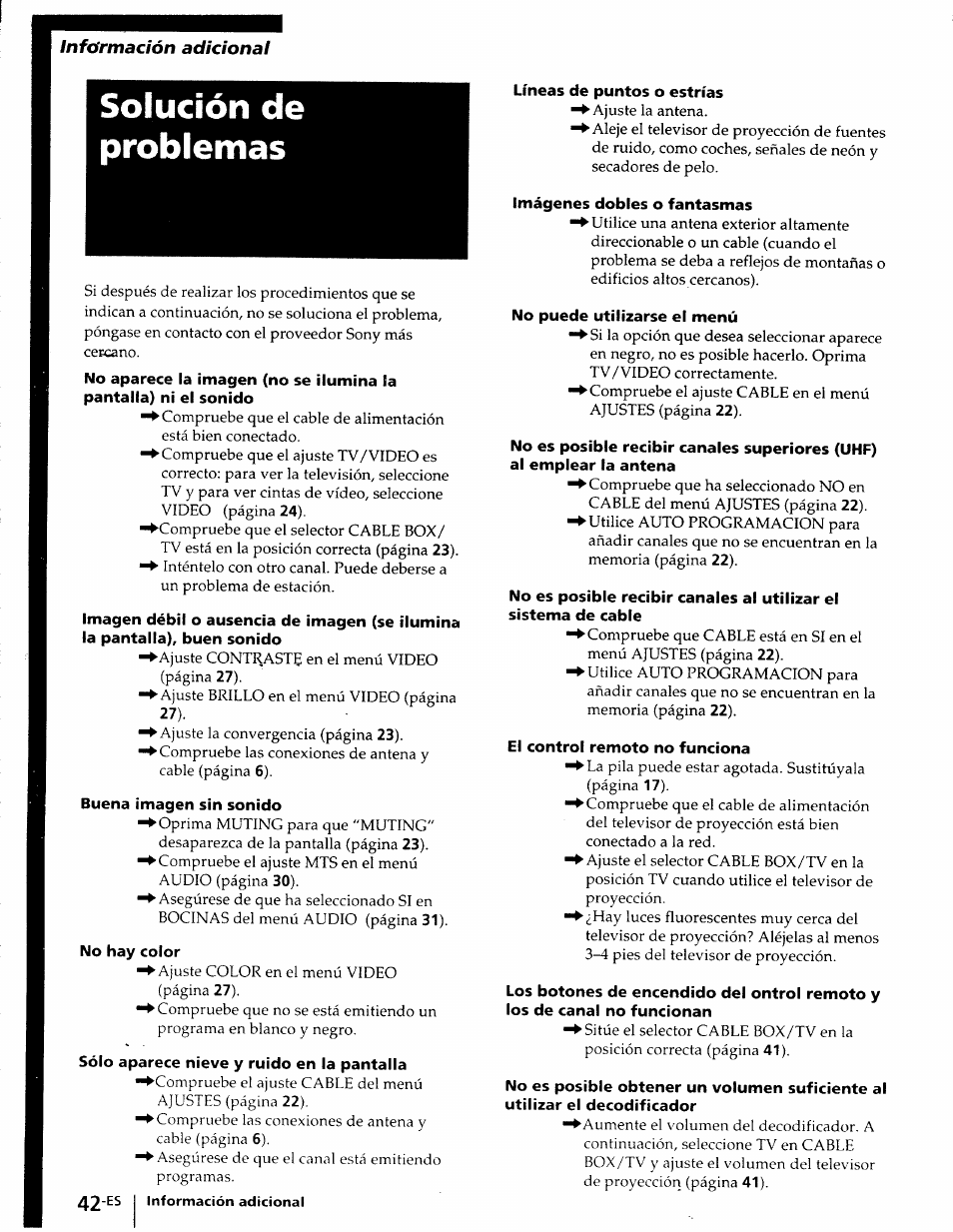 Solución de problemas, 42 -es i información adicional, Infcfrmación adicional | Sony KP-41T25 User Manual | Page 85 / 87