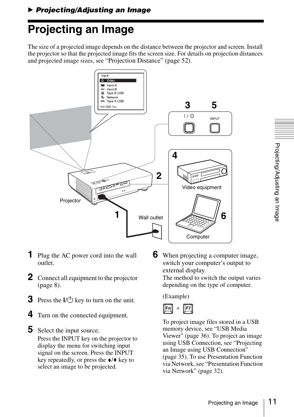 Projecting/adjusting an image, Projecting an image | Sony VPL-DW125 User Manual | Page 11 / 62