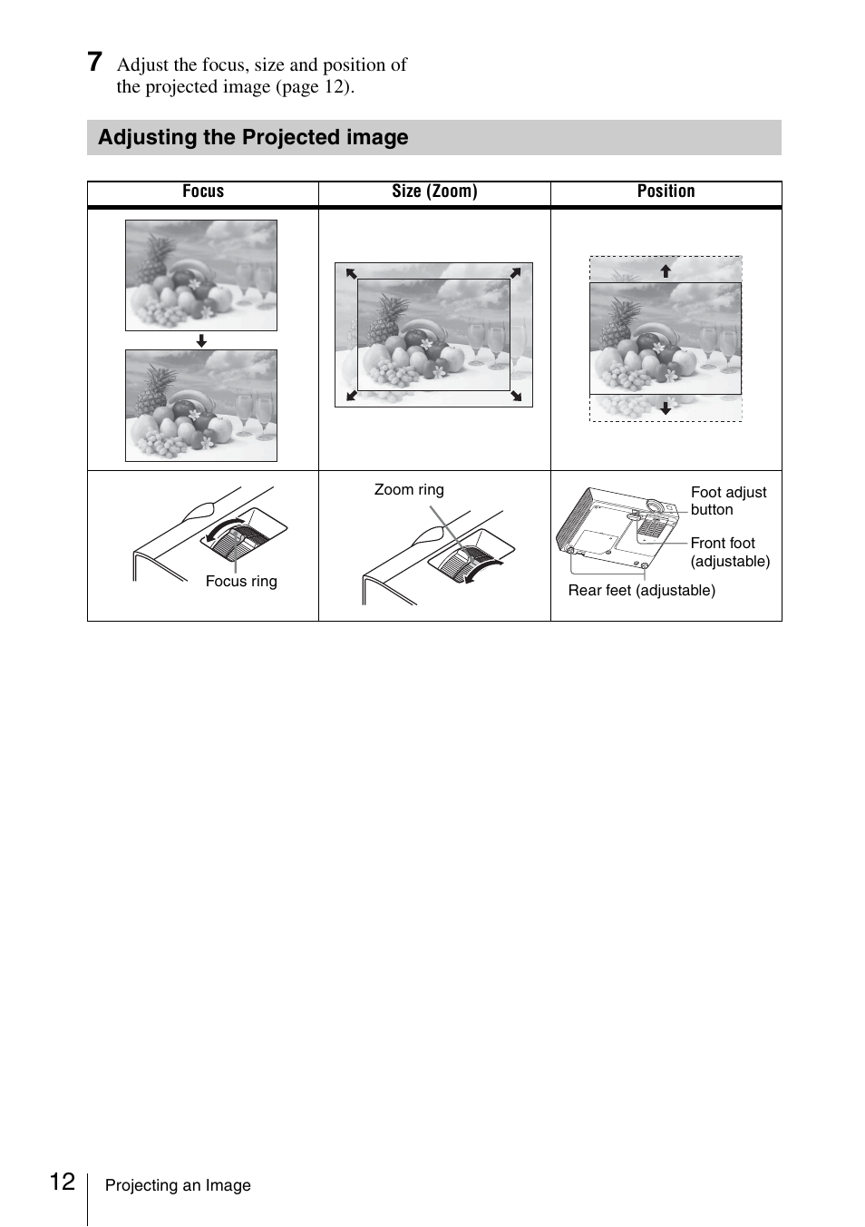 Adjusting the projected image | Sony VPL-DW125 User Manual | Page 12 / 62