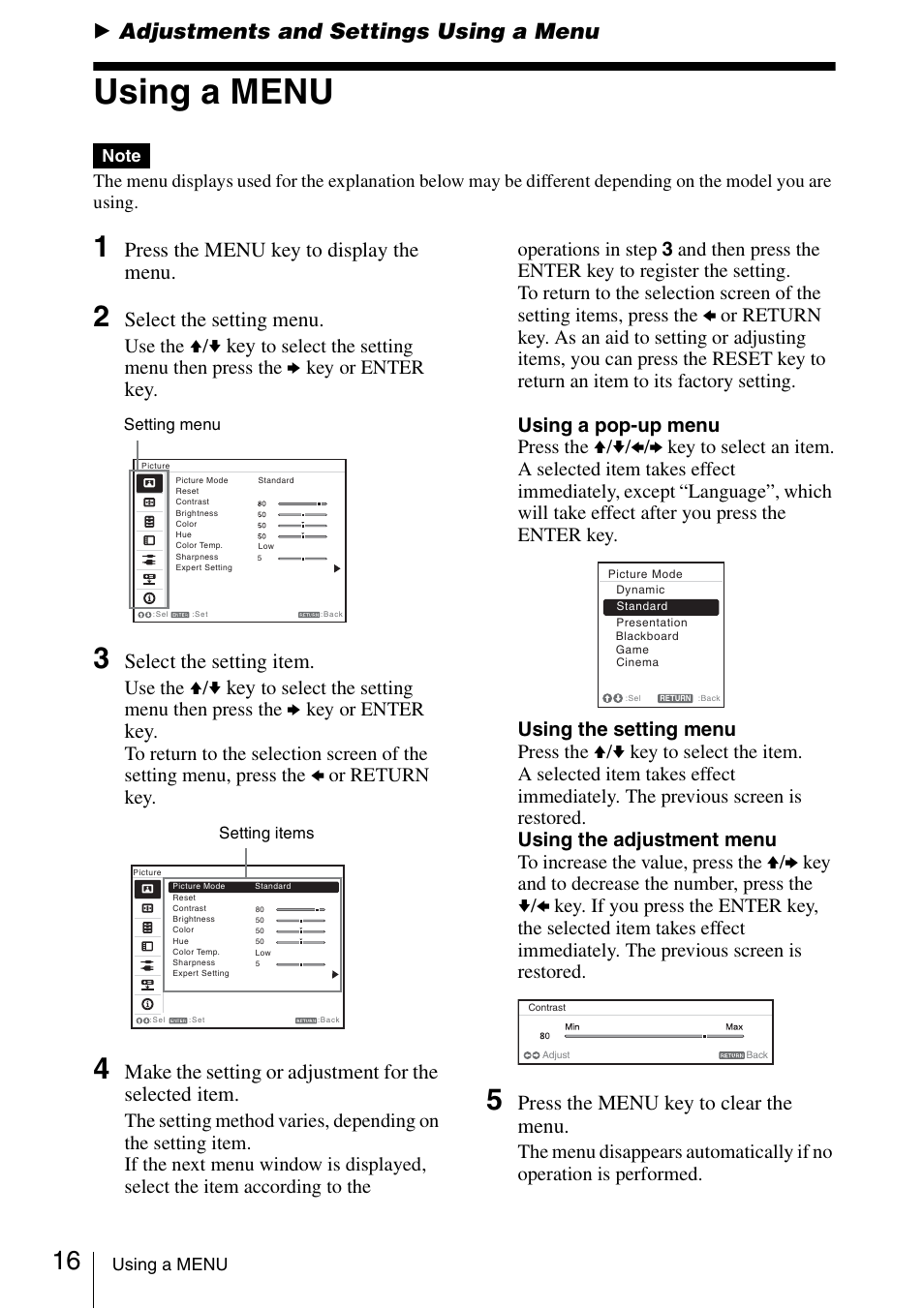 Adjustments and settings using a menu, Using a menu, B adjustments and settings using a menu | Press the menu key to display the menu, Select the setting menu, Select the setting item, Press the menu key to clear the menu, Use the v/v | Sony VPL-DW125 User Manual | Page 16 / 62