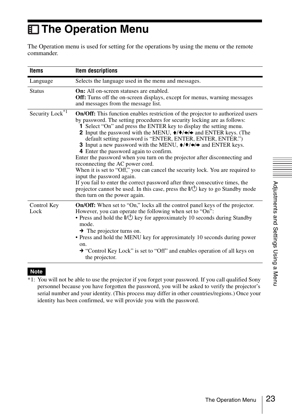 The operation menu | Sony VPL-DW125 User Manual | Page 23 / 62