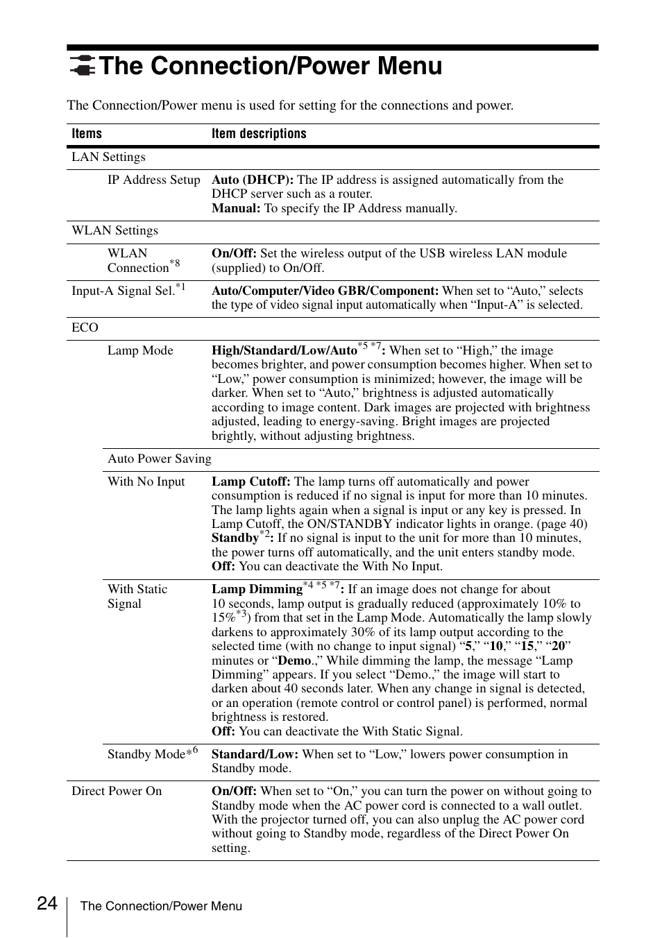 The connection/power menu | Sony VPL-DW125 User Manual | Page 24 / 62