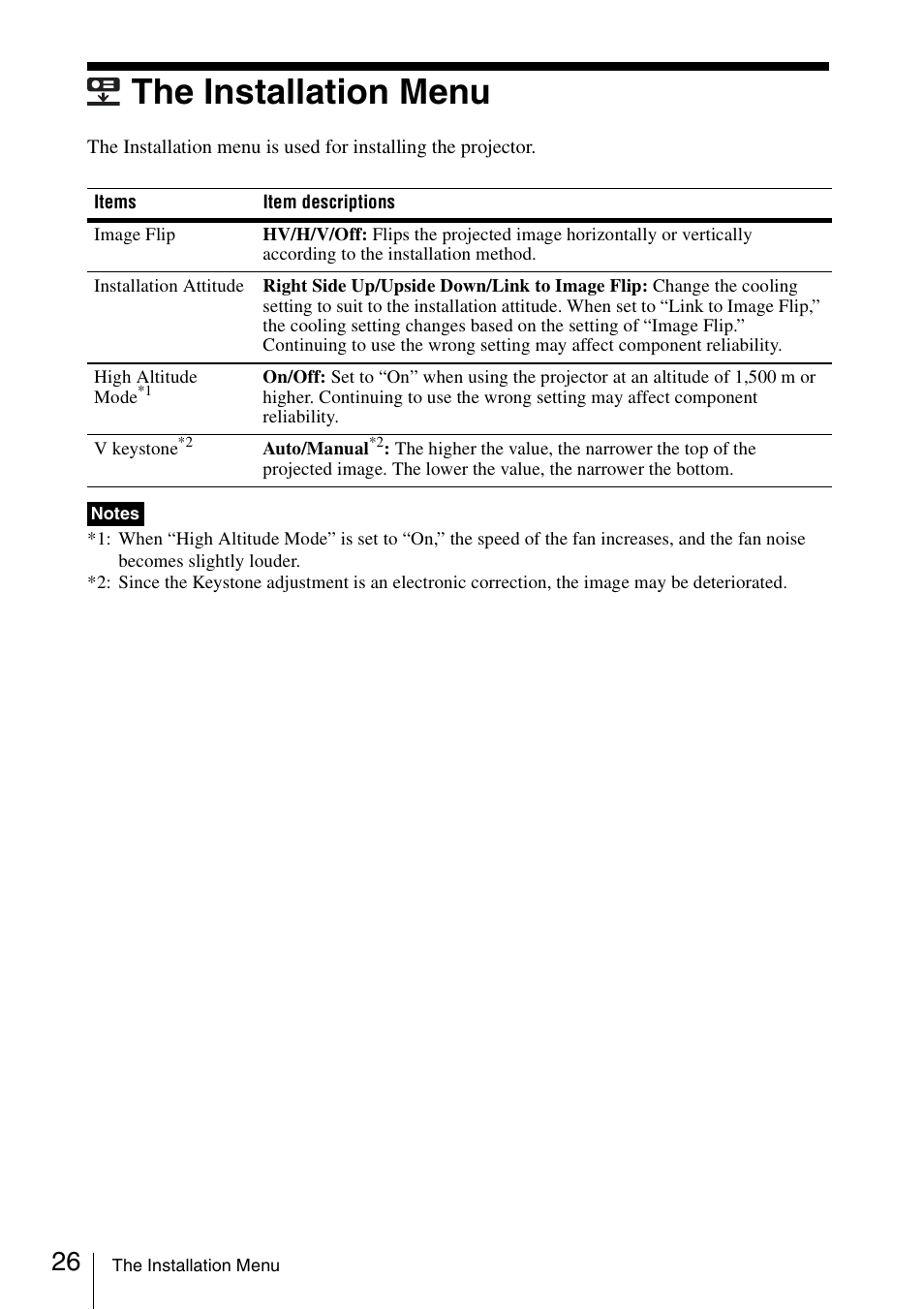 The installation menu | Sony VPL-DW125 User Manual | Page 26 / 62