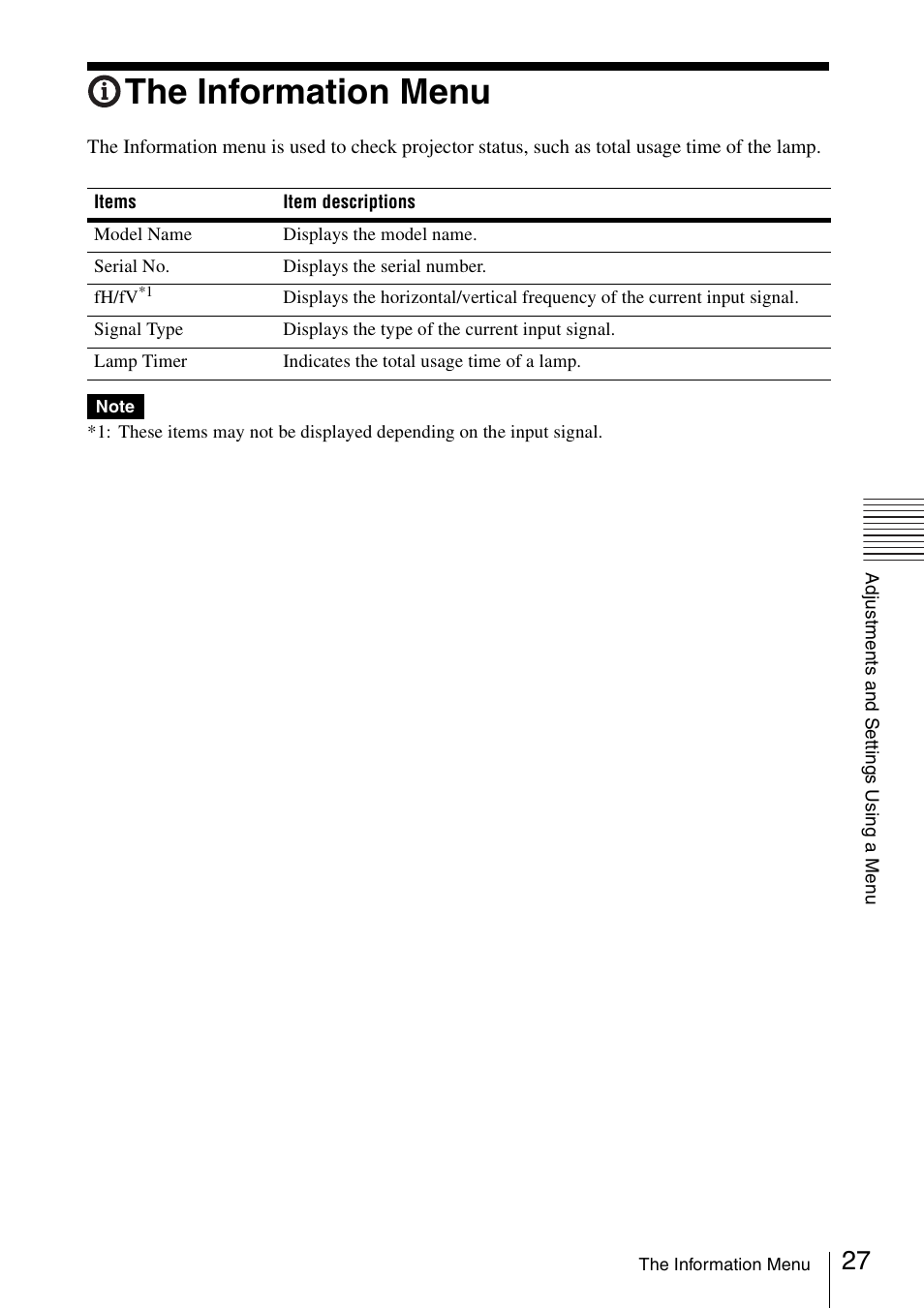 The information menu | Sony VPL-DW125 User Manual | Page 27 / 62