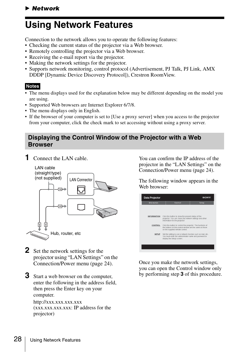 Network, Using network features, Displaying the control window of | The projector with a web browser | Sony VPL-DW125 User Manual | Page 28 / 62