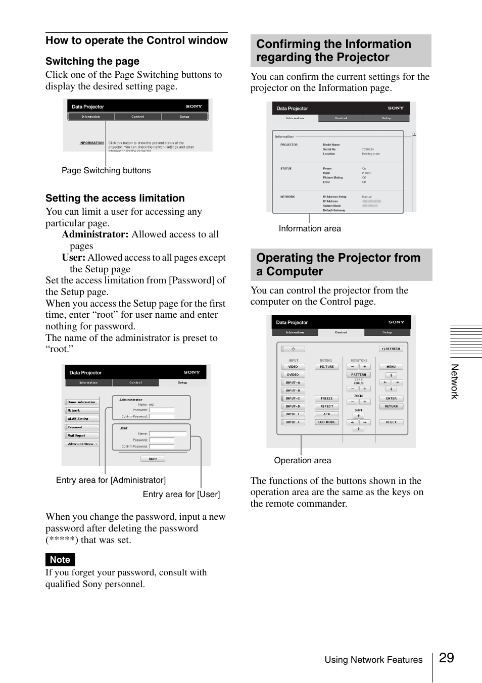 Confirming the information regarding the projector, Operating the projector from a computer, Confirming the information | Regarding the projector, Operating the projector from a, Computer | Sony VPL-DW125 User Manual | Page 29 / 62