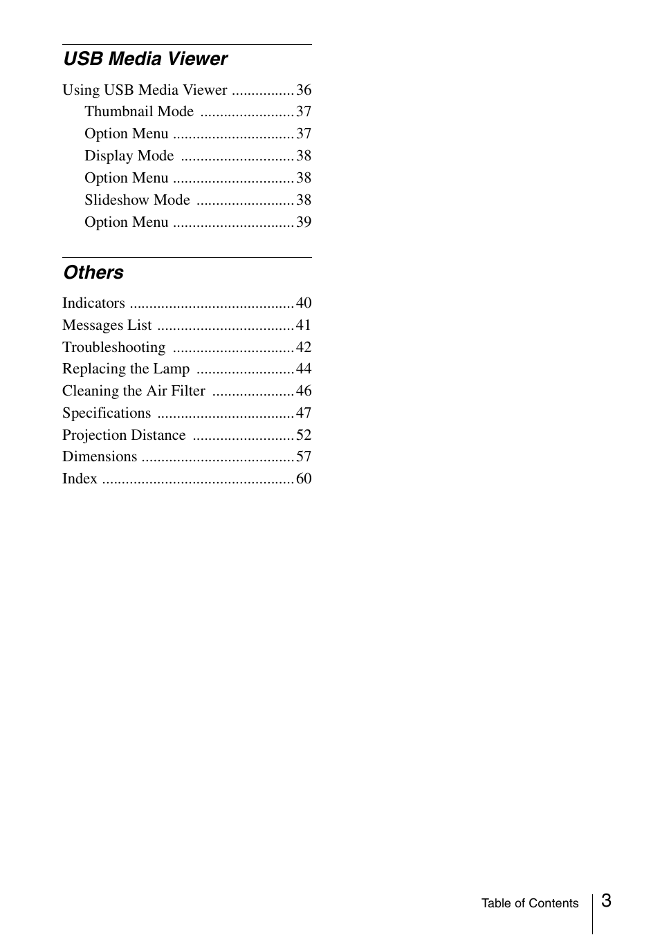 Usb media viewer, Others | Sony VPL-DW125 User Manual | Page 3 / 62