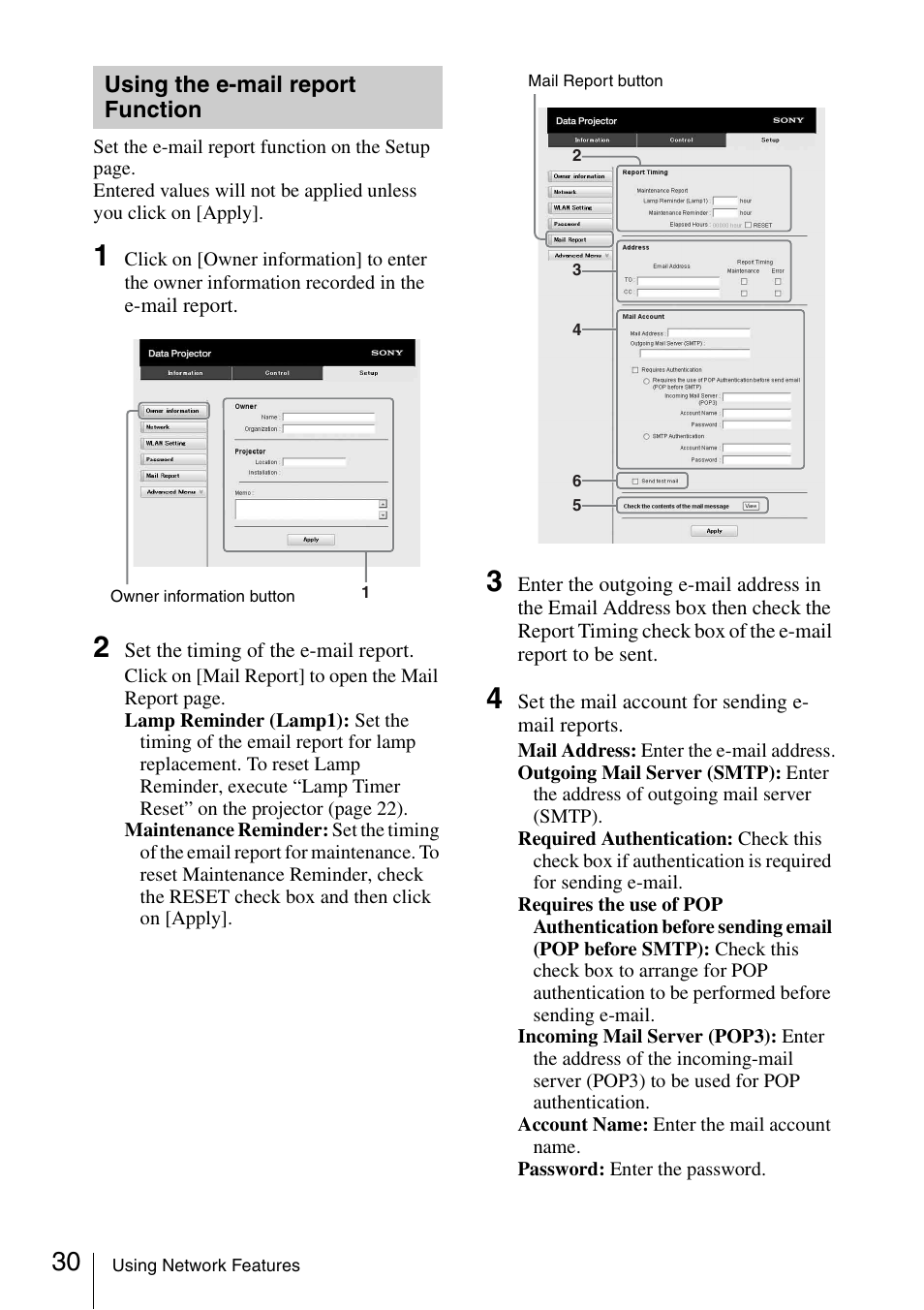 Using the e-mail report function, Using the e-mail report, Function | Sony VPL-DW125 User Manual | Page 30 / 62