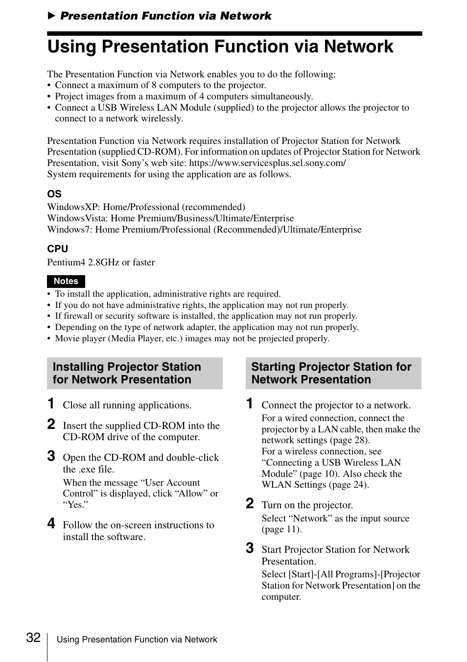 Presentation function via network, Using presentation function via network, Using presentation function via | Network, Installing projector station for, Network presentation, Starting projector station for | Sony VPL-DW125 User Manual | Page 32 / 62