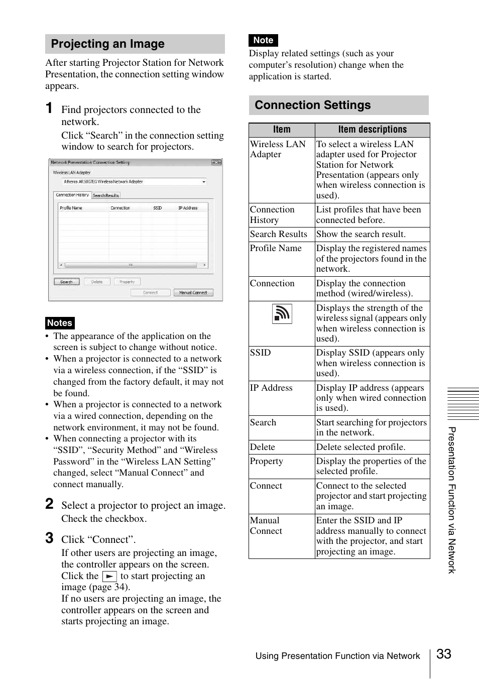 Projecting an image, Connection settings | Sony VPL-DW125 User Manual | Page 33 / 62