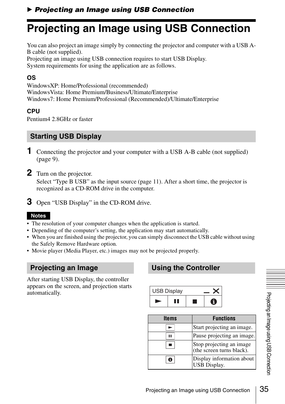 Projecting an image using usb connection, Starting usb display, Projecting an image | Using the controller, Projecting an image using usb, Connection | Sony VPL-DW125 User Manual | Page 35 / 62