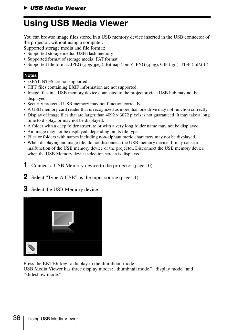 Usb media viewer, Using usb media viewer | Sony VPL-DW125 User Manual | Page 36 / 62