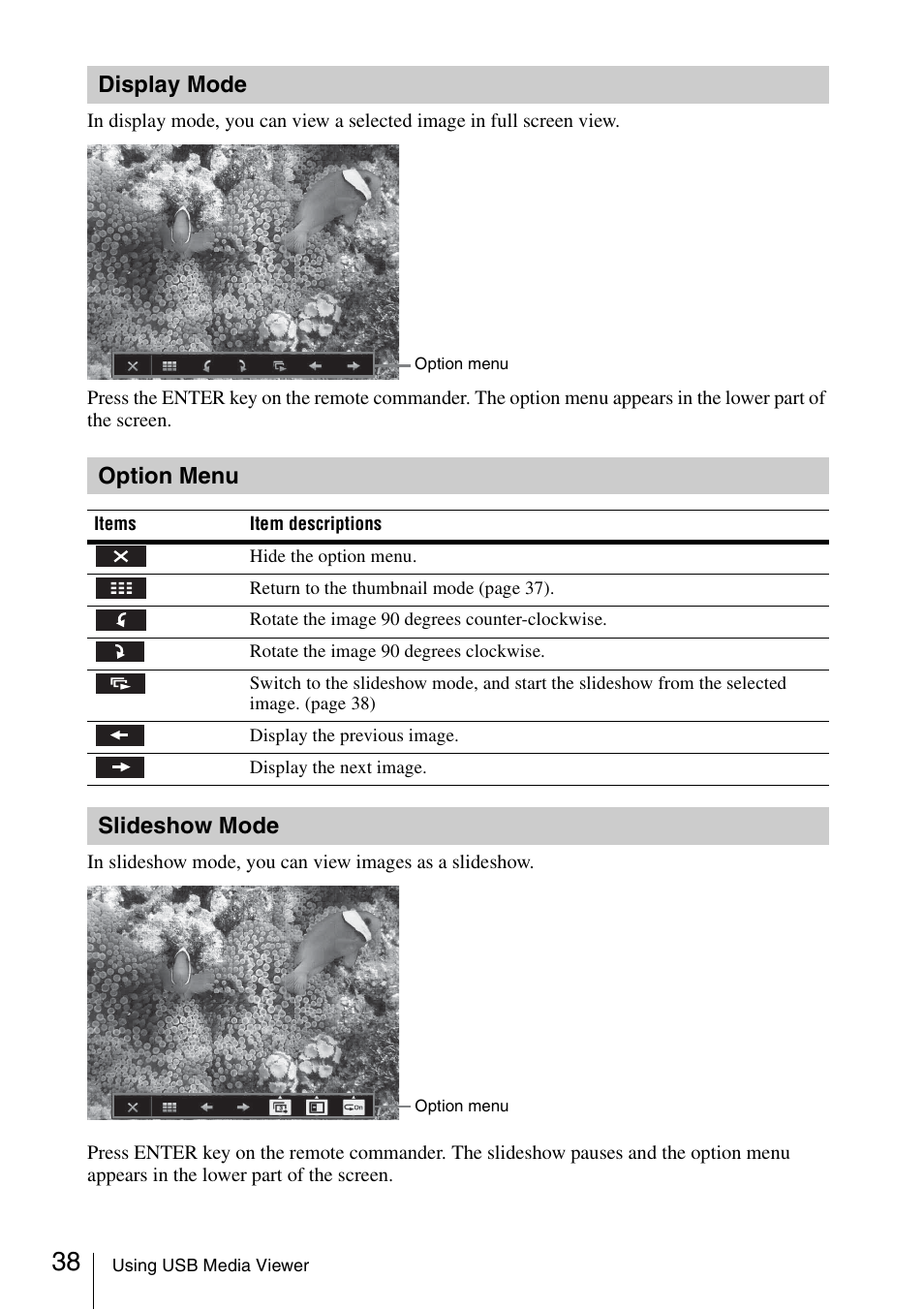 Display mode, Option menu, Slideshow mode | Sony VPL-DW125 User Manual | Page 38 / 62