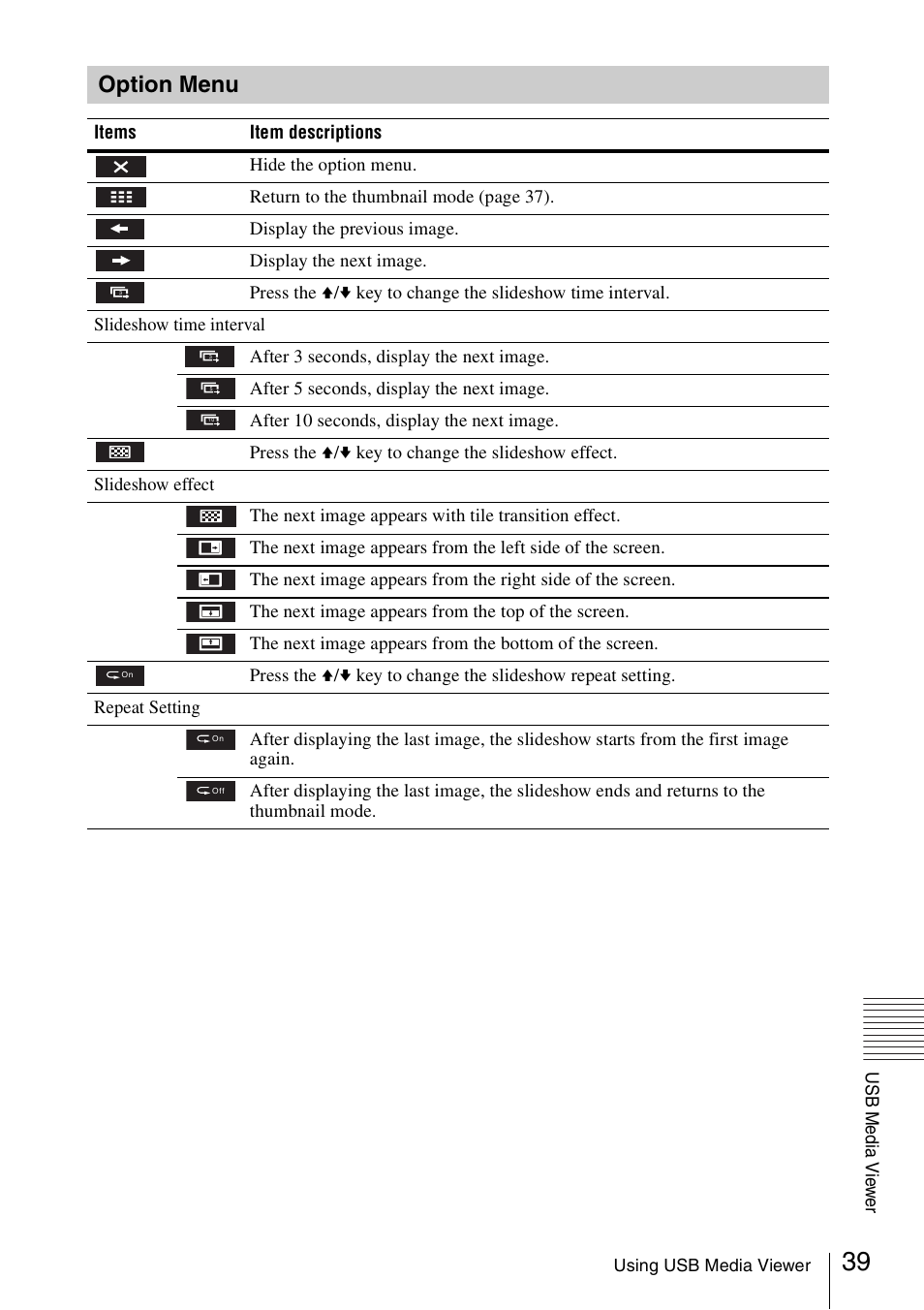 Option menu | Sony VPL-DW125 User Manual | Page 39 / 62