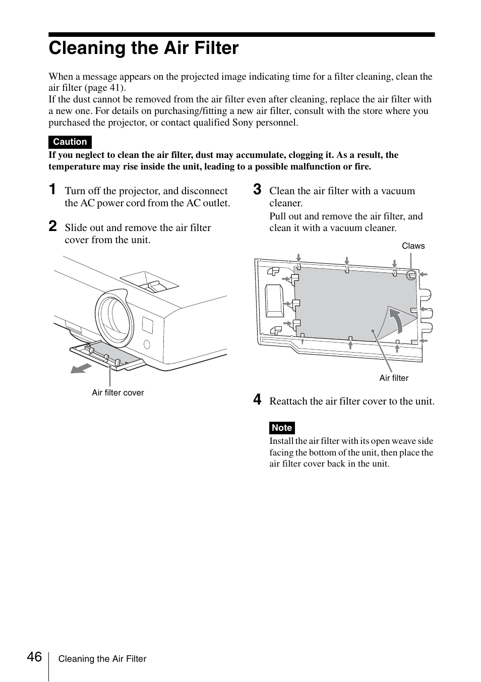 Cleaning the air filter | Sony VPL-DW125 User Manual | Page 46 / 62