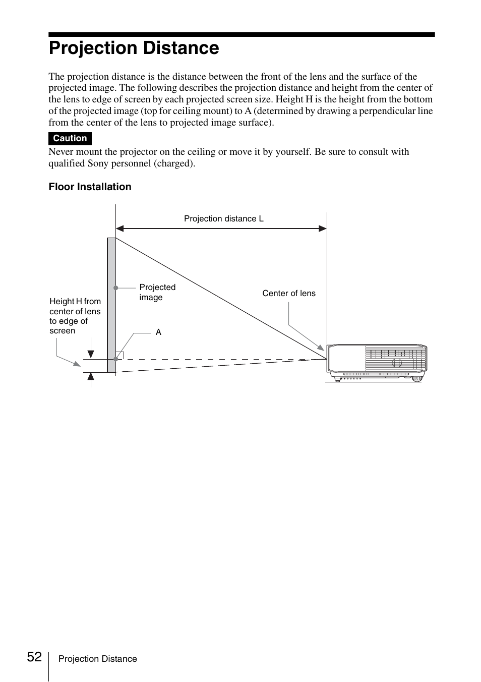 Projection distance | Sony VPL-DW125 User Manual | Page 52 / 62