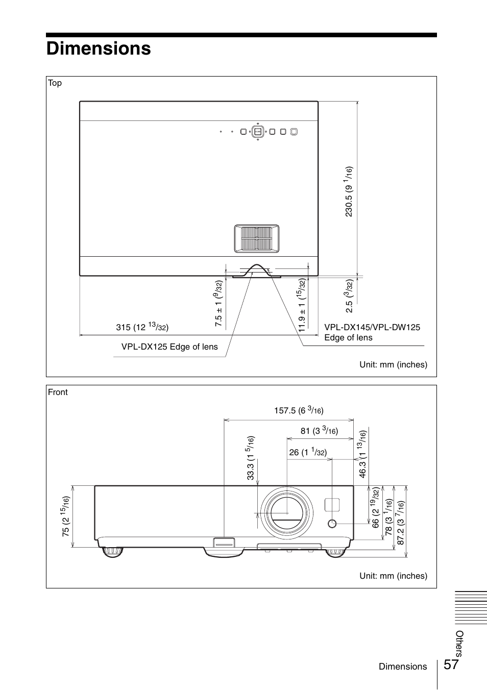 Dimensions | Sony VPL-DW125 User Manual | Page 57 / 62