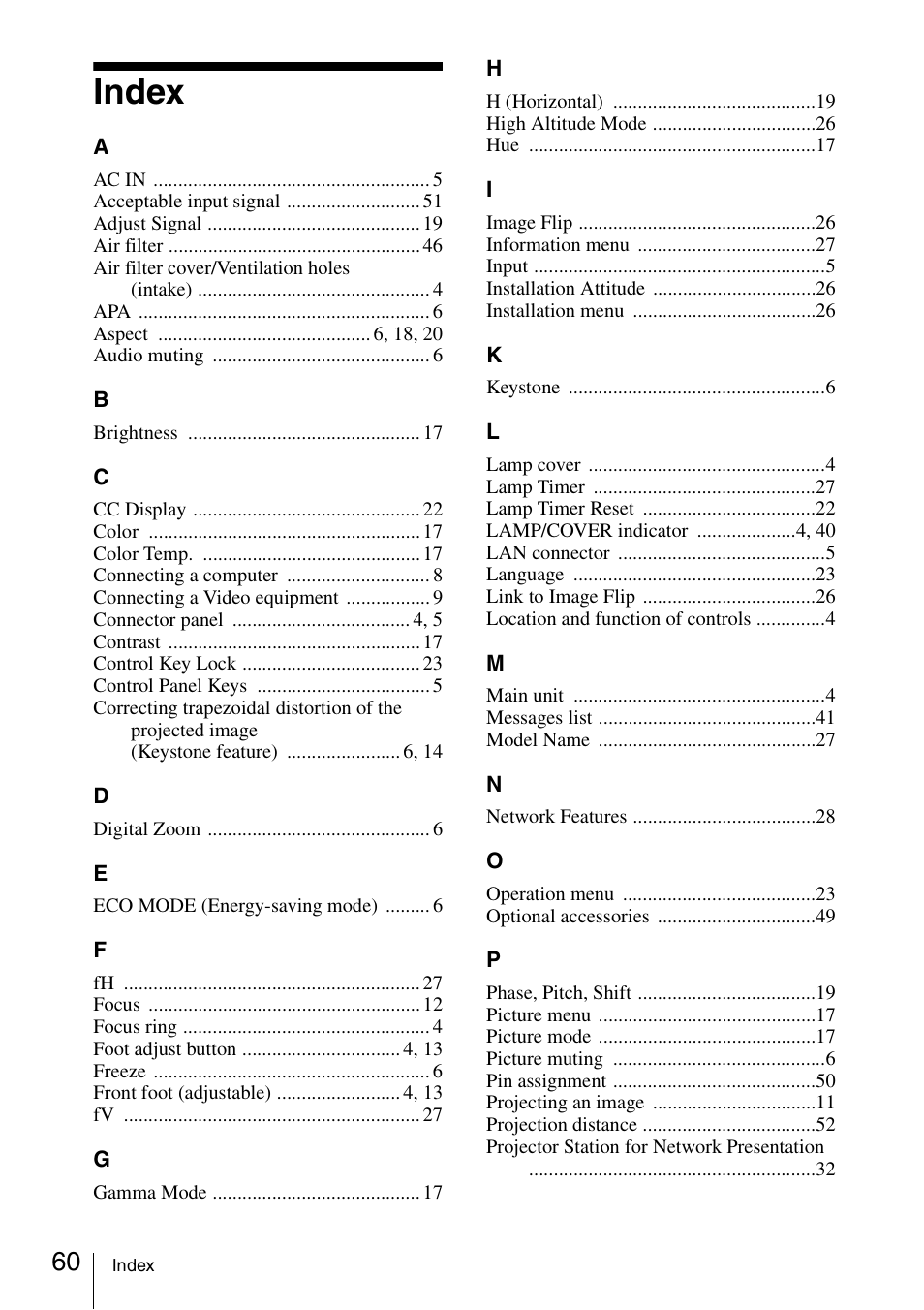 Index | Sony VPL-DW125 User Manual | Page 60 / 62