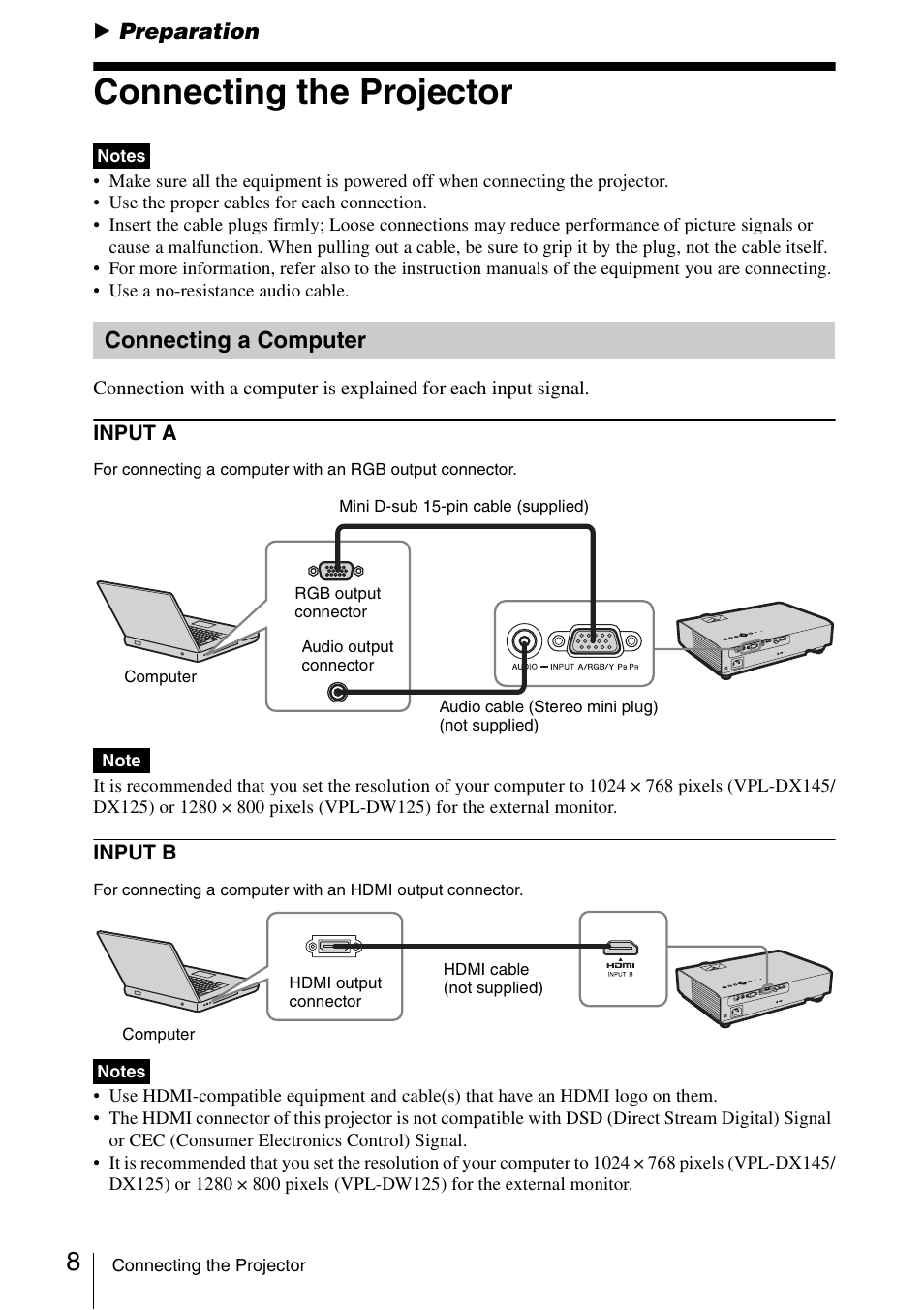 Preparation, Connecting the projector, Connecting a computer | Sony VPL-DW125 User Manual | Page 8 / 62