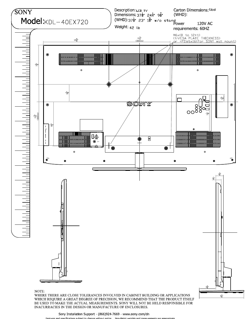 Power, Weight: 42 ib, Model | Sony KDL-40EX720 User Manual | Page 2 / 3