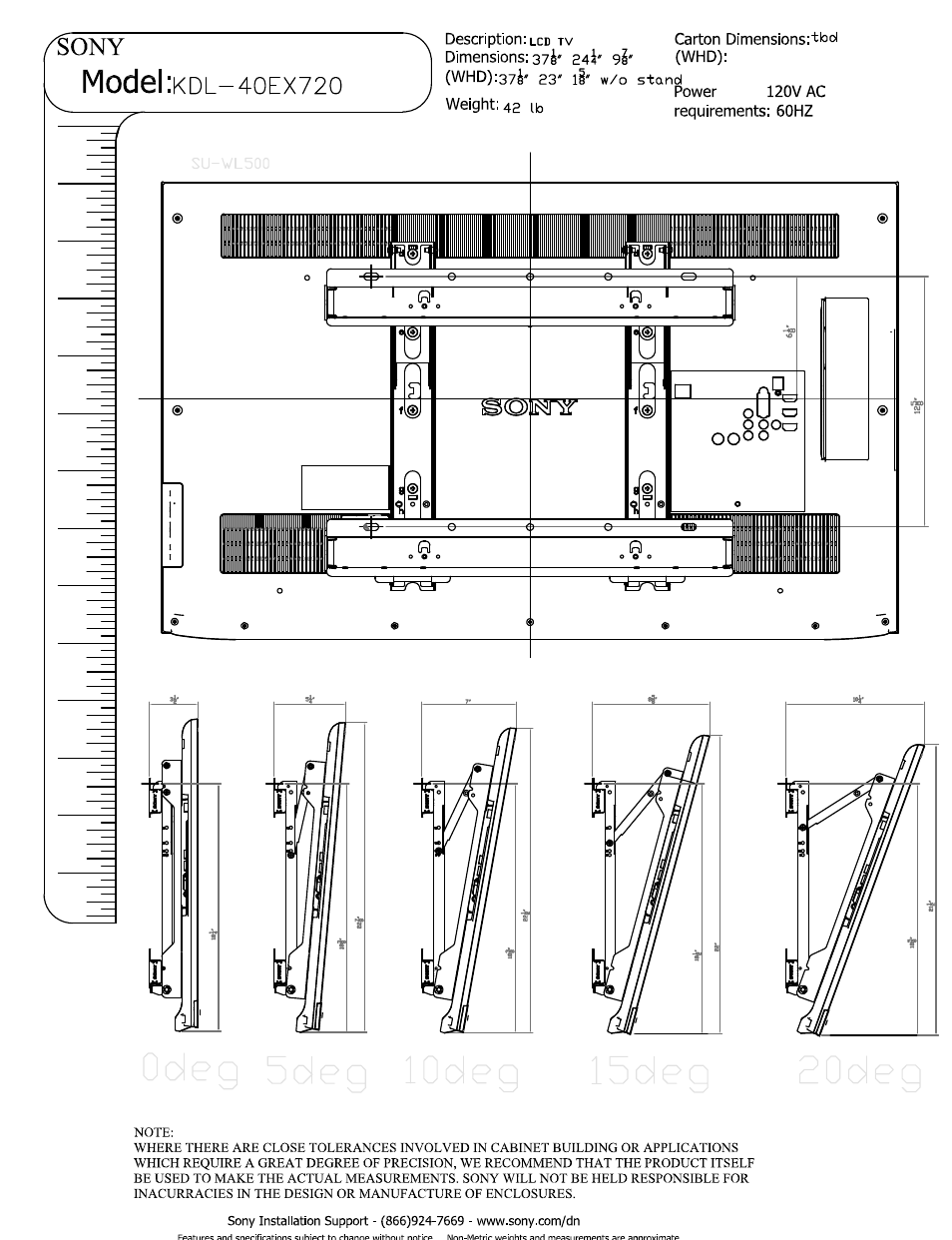Power 120 v ac, Weight: 42 ib, Model | Sony KDL-40EX720 User Manual | Page 3 / 3