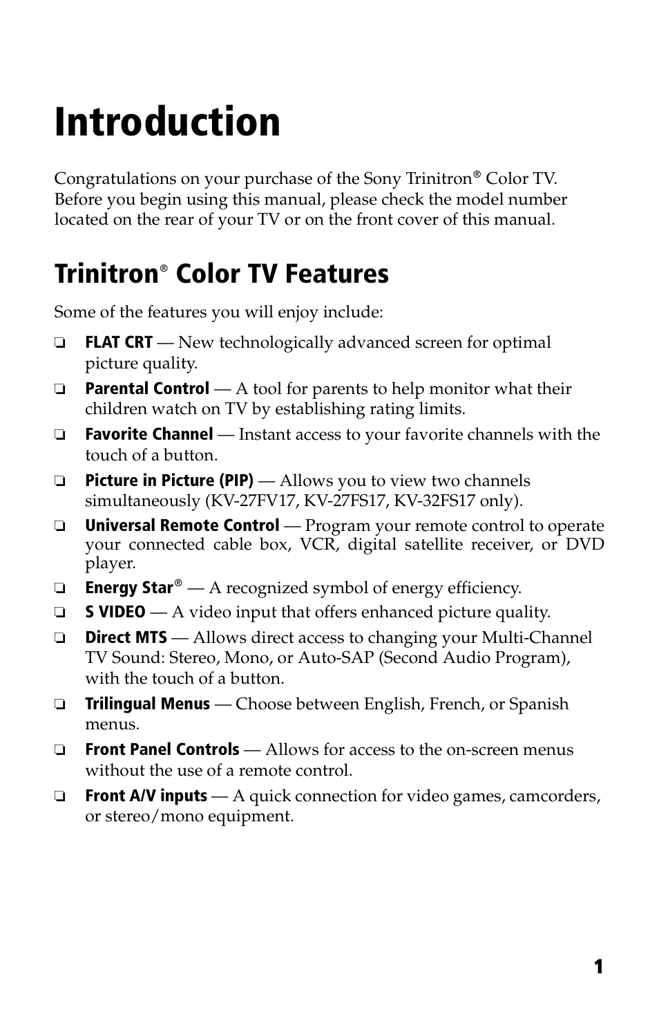 Introduction, Trinitron color tv features, Trinitron | Sony WEGA KV-27FS13 User Manual | Page 13 / 64