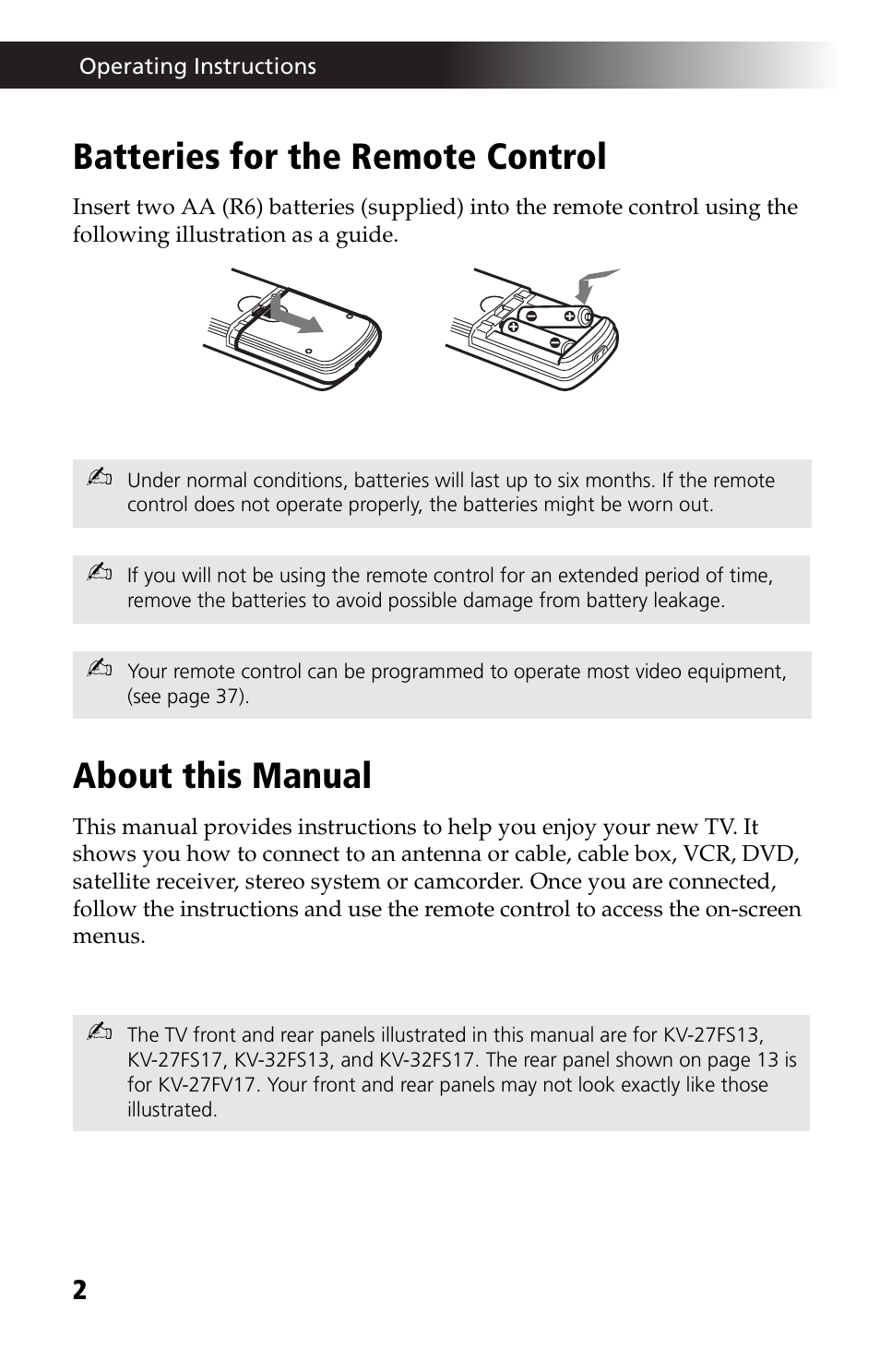 Batteries for the remote control, About this manual, Batteries for the remote control about this manual | Sony WEGA KV-27FS13 User Manual | Page 14 / 64