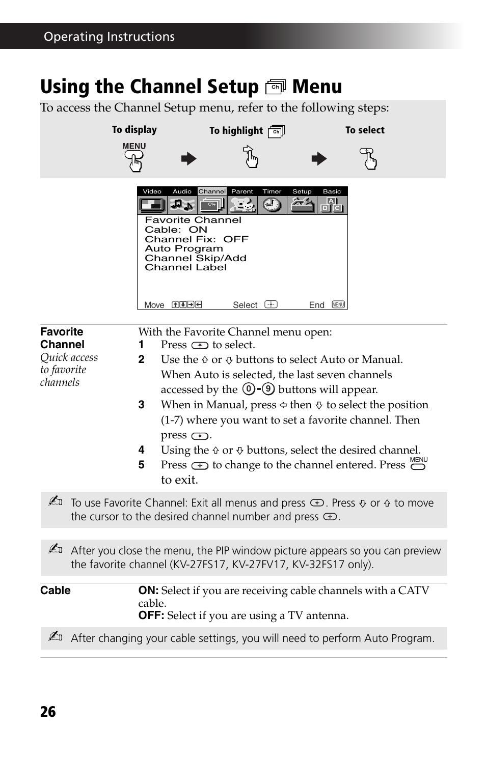 Using the channel setup menu, Using the channel setup | Sony WEGA KV-27FS13 User Manual | Page 38 / 64