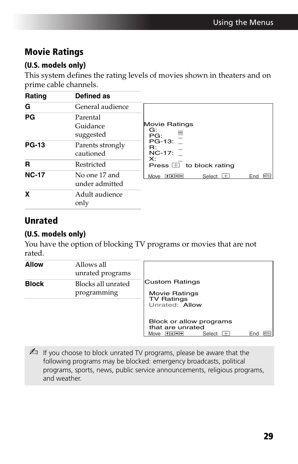 29 movie ratings, Unrated, Using the menus | Sony WEGA KV-27FS13 User Manual | Page 41 / 64