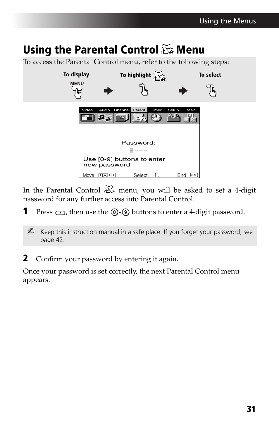 Using the parental control menu, Using the parental control, Menu | Sony WEGA KV-27FS13 User Manual | Page 43 / 64