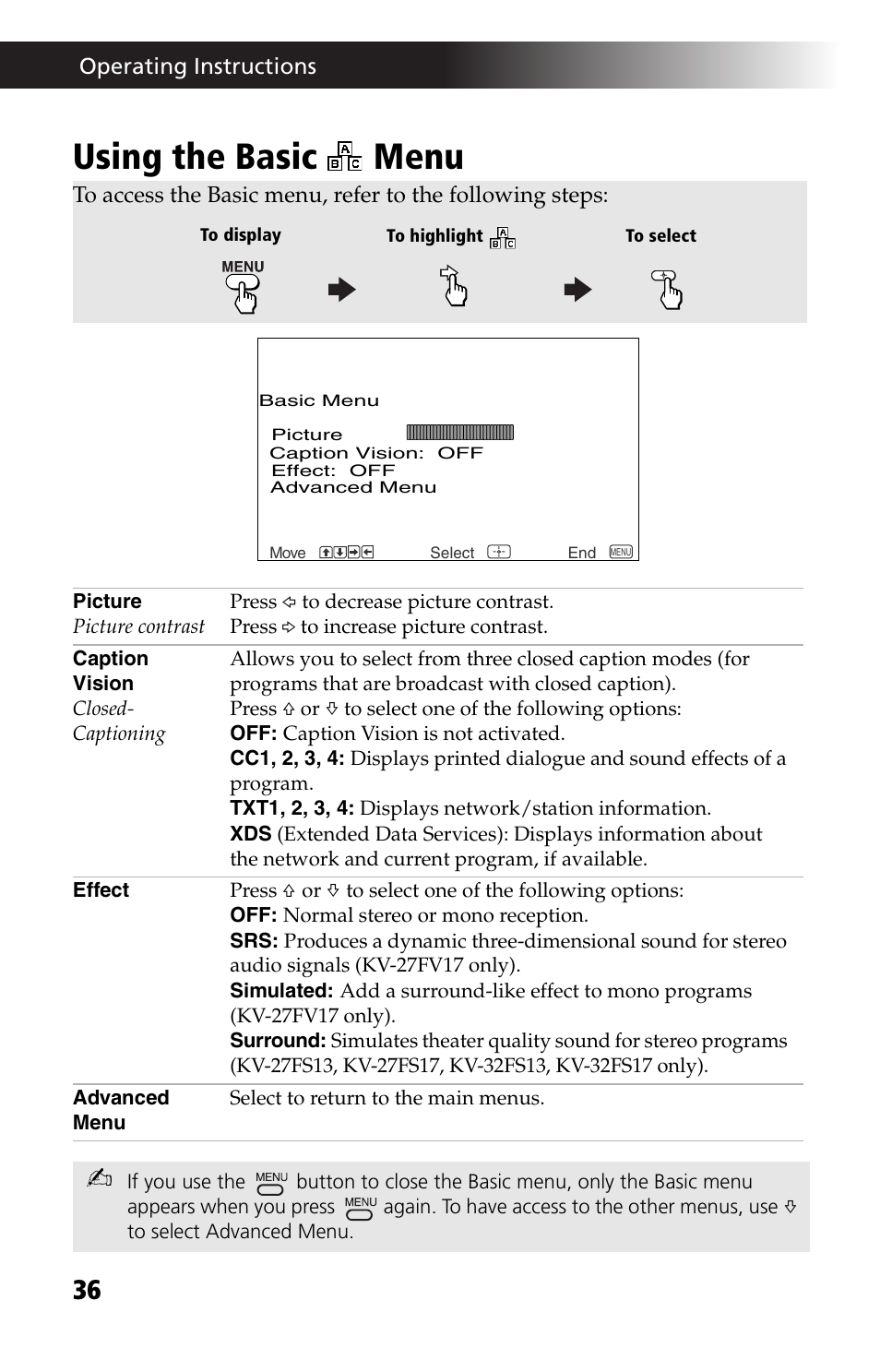 Using the basic menu, Using the basic | Sony WEGA KV-27FS13 User Manual | Page 48 / 64