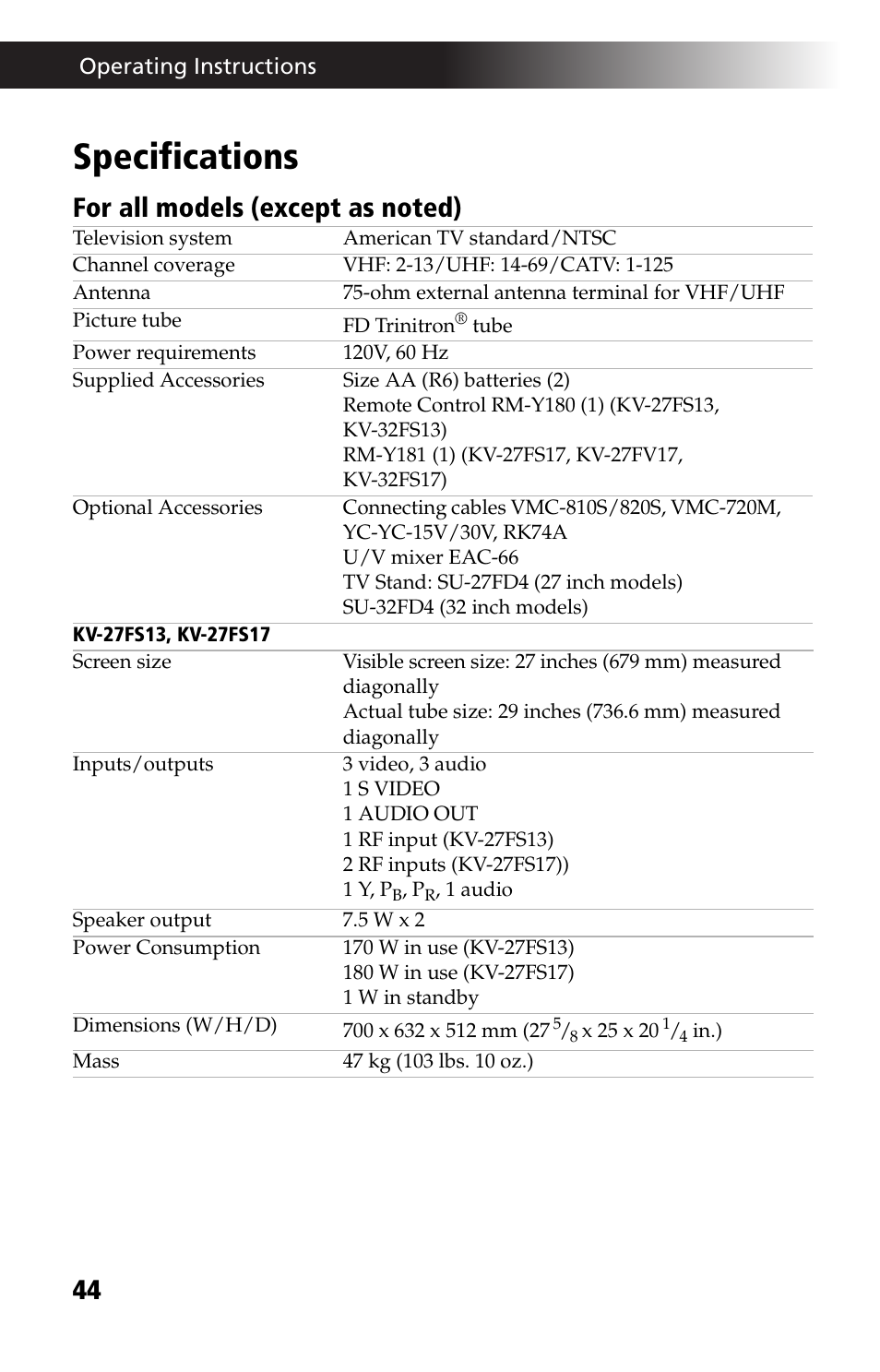 Specifications | Sony WEGA KV-27FS13 User Manual | Page 56 / 64