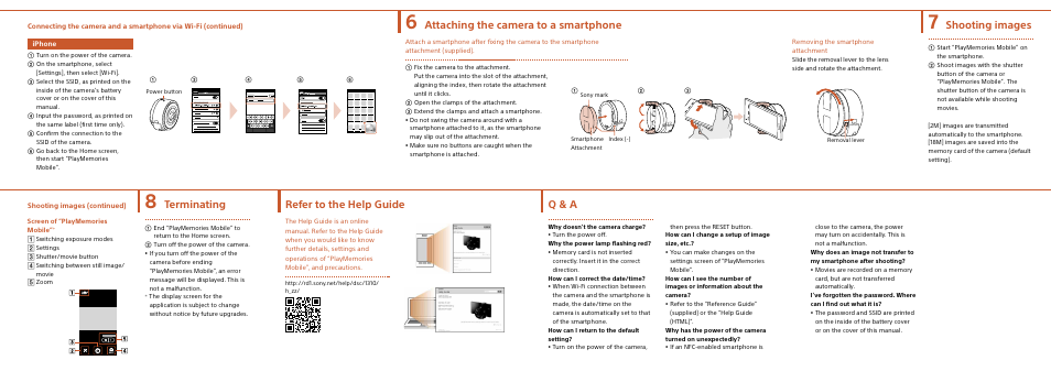 Q & a, Attaching the camera to a smartphone, Shooting images | Terminating, Refer to the help guide | Sony DSC-QX100 User Manual | Page 2 / 2