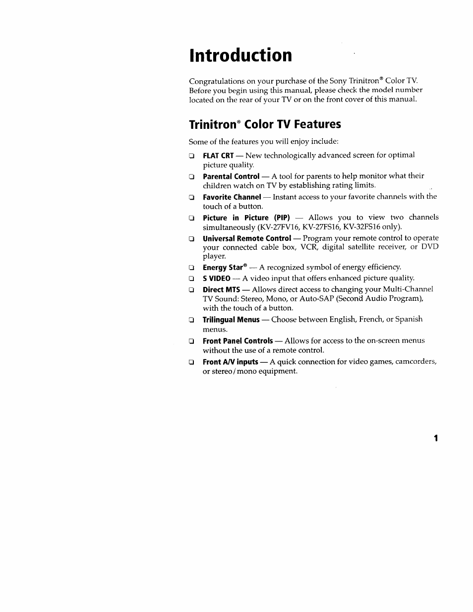 Introduction, Trinitron® color tv features | Sony WEGA KV-32FS12 User Manual | Page 10 / 53