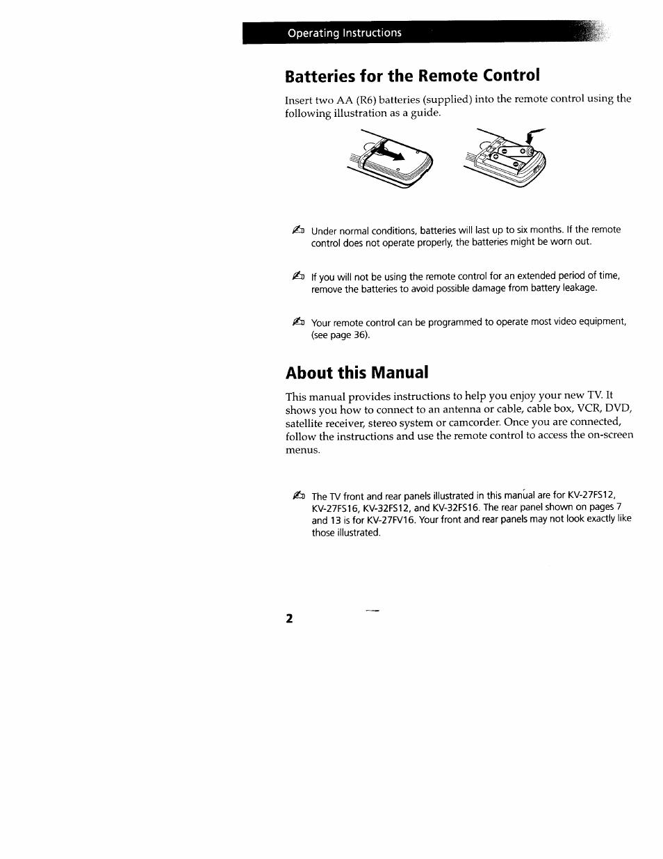 Batteries for the remote control, About this manual, Batteries for the remote control about this manual | Sony WEGA KV-32FS12 User Manual | Page 11 / 53