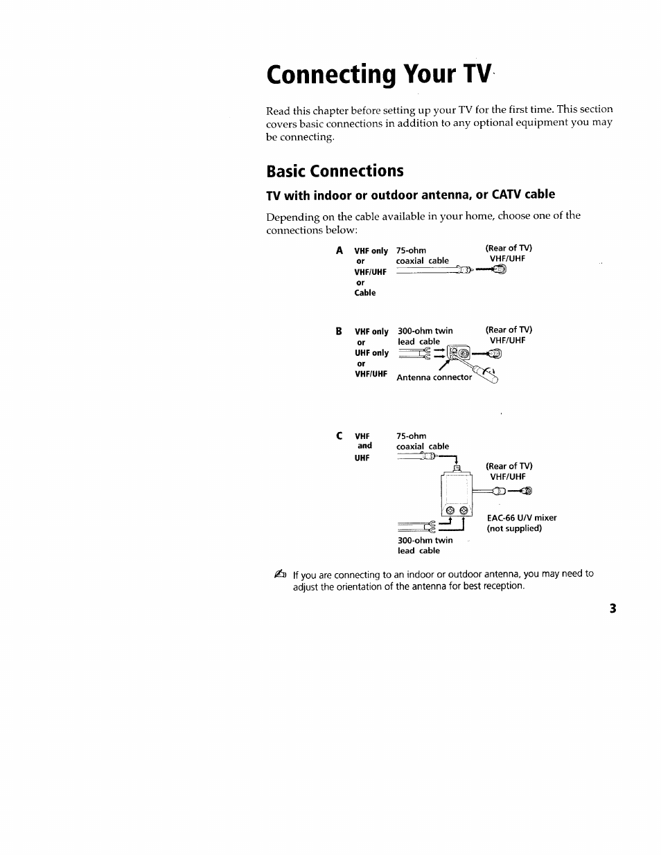 Connecting your tv, Basic connections, Tv with indoor or outdoor antenna, or catv cable | Sony WEGA KV-32FS12 User Manual | Page 12 / 53