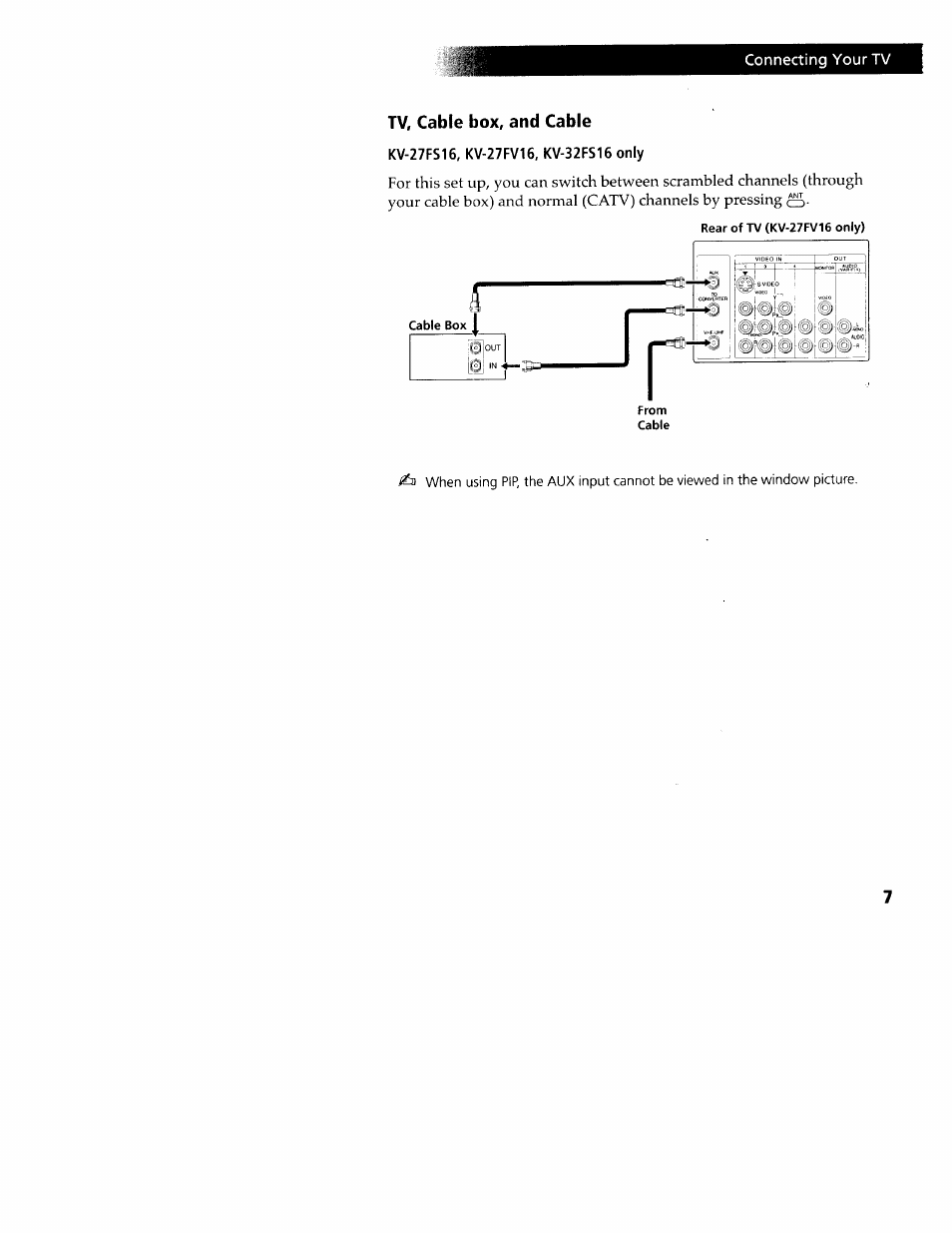Tv, cable box, and cable, Kv-27fs16, kv-27fv16, kv-32fs16 only | Sony WEGA KV-32FS12 User Manual | Page 16 / 53