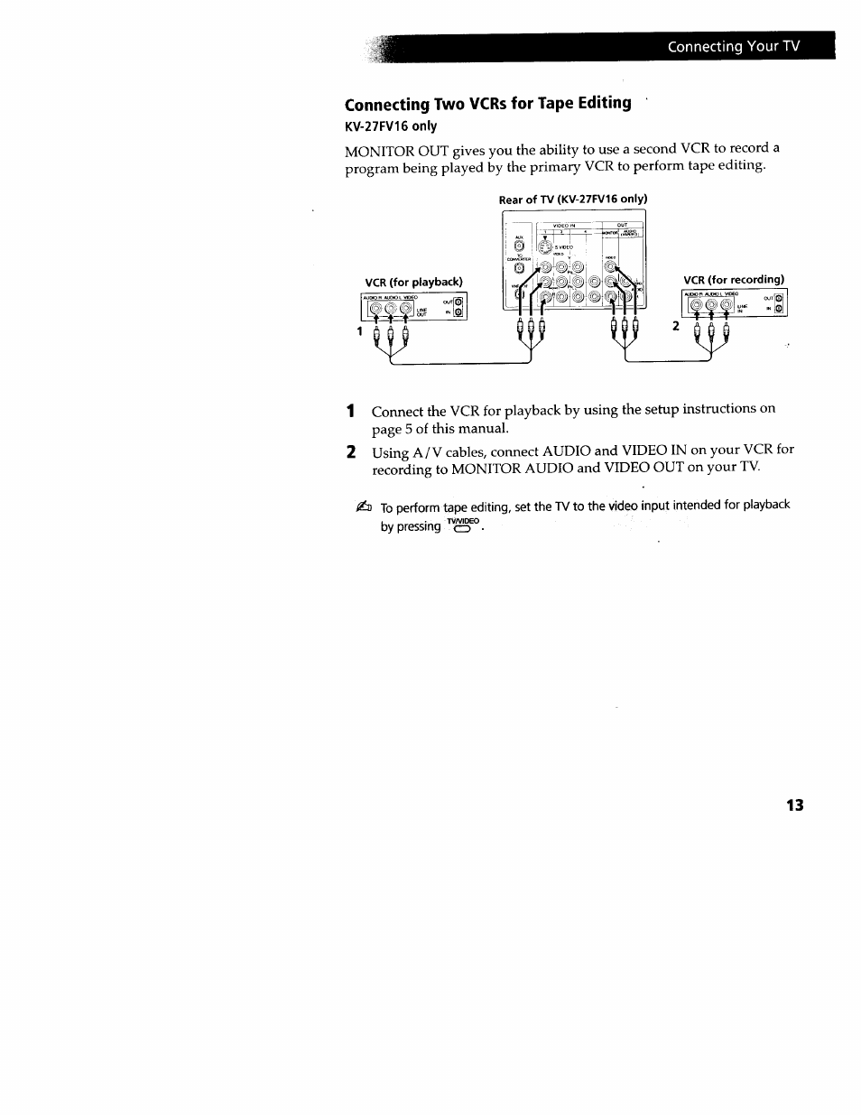 Connecting two vcrs for tape editing | Sony WEGA KV-32FS12 User Manual | Page 22 / 53