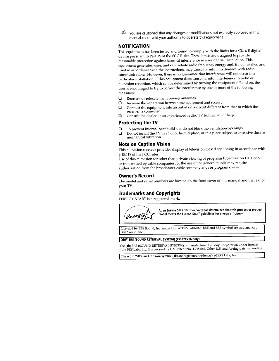 Notiftcation, Protecting the tv, Owner's record | Trademarks and copyrights | Sony WEGA KV-32FS12 User Manual | Page 3 / 53